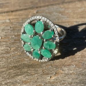 Sterling Silver, Natural Emerald & Diamond Ring